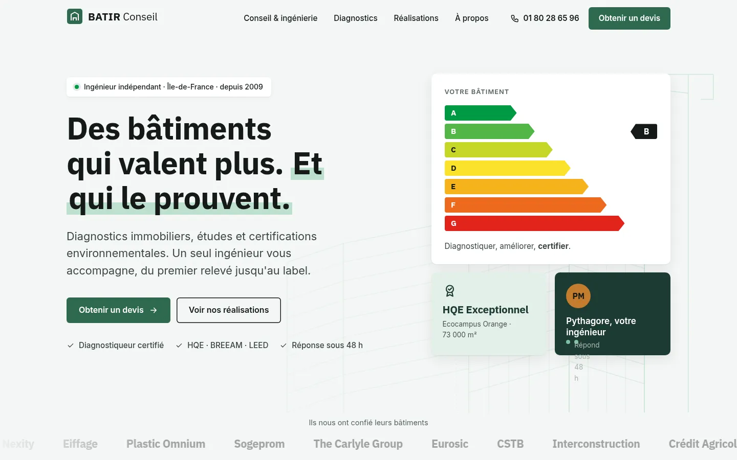 Page d'accueil de BATIR Conseil : titre « Des bâtiments qui valent plus. Et qui le prouvent. » à côté d'une étiquette énergie de A à G.
